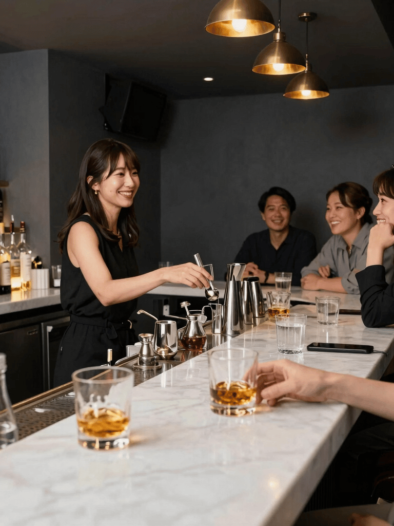 A warm, friendly Japanese woman smiling behind a dark wood counter, pouring a drink with care, soft amber lighting, vintage film look, cozy atmosphere