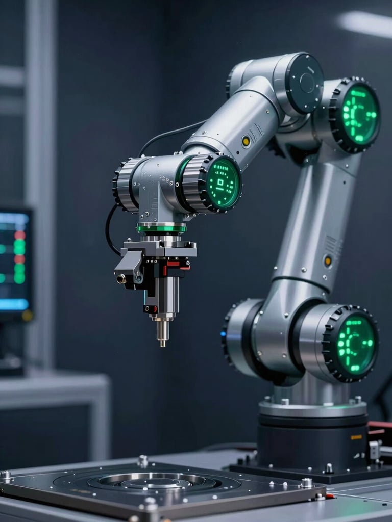 Close-up of high-precision robotic arm operating under crisp studio lighting with tech-emerald green indicators, deep slate industrial setting, sharp focus