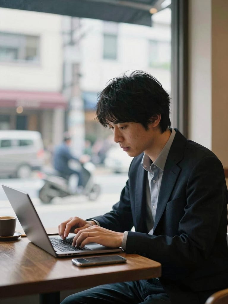Editorial photojournalism, a professional journalist writing on a laptop in a quiet Tokyo cafe, street scene visible through the window, natural overcast light