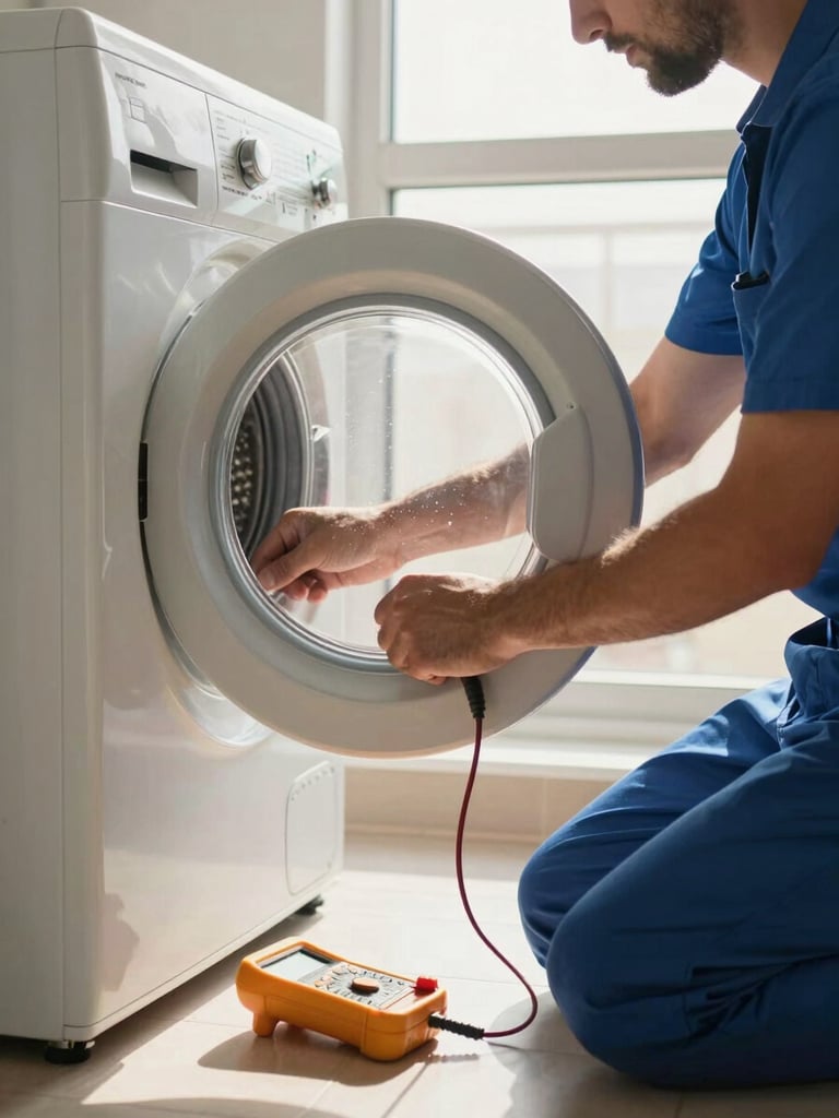 Close environmental shot of a technician kneeling beside an open washing machine in a Dubai apartment laundry room, hands reaching into the drum housing with a diagnostic multimeter resting on the floor, warm daylight from a nearby window catching dust motes in the air