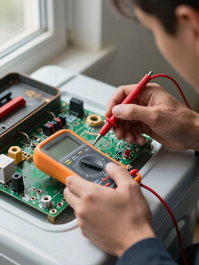 Close-up of a technician's hands holding a multimeter probe to a washing machine control board, natural window light falling across the circuit traces, a worn toolkit open beside the machine