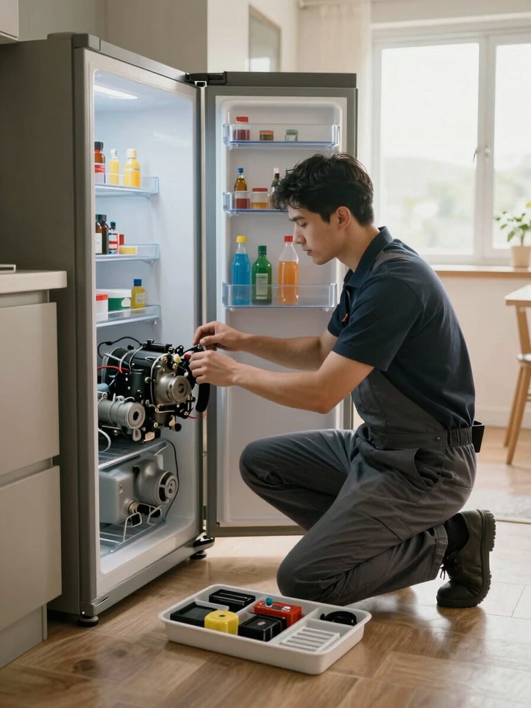 Wide shot of a technician kneeling beside an open refrigerator in a real apartment kitchen, organized parts tray on the floor beside him, warm daylight from a window to the right, technician focused on the compressor housing