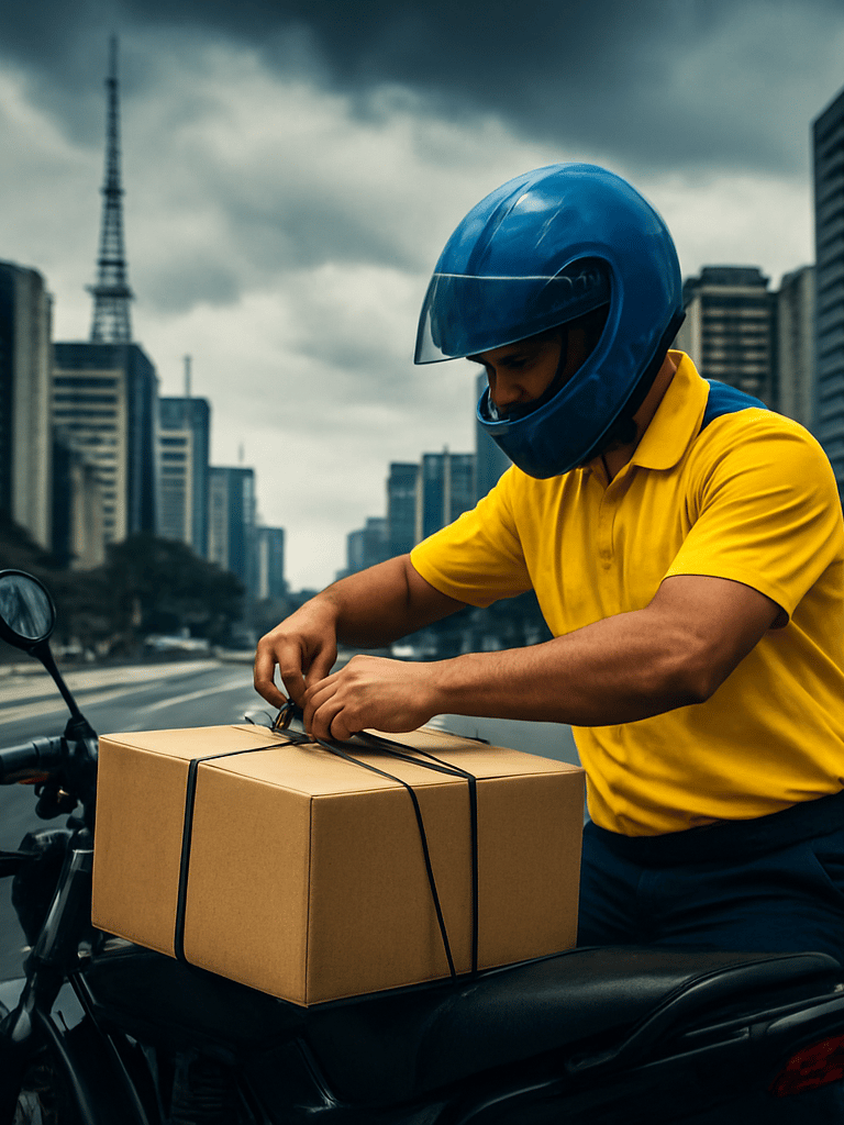A courier securing a package on a motorcycle with a blurred background of the São Paulo skyline, Paulista Avenue, high-contrast overcast sky