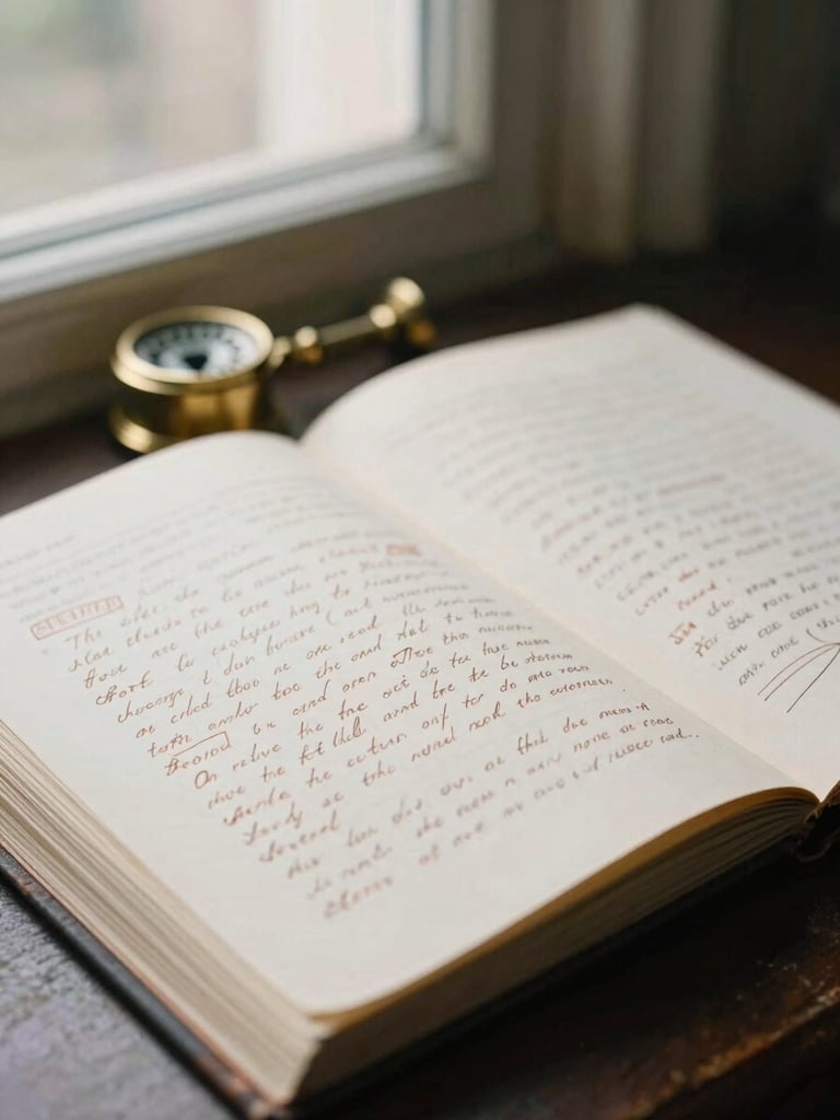 A stack of handwritten manuscript pages with corrections in terracotta ink, a vintage brass paperweight, warm soft window light, cinematic 35mm film style