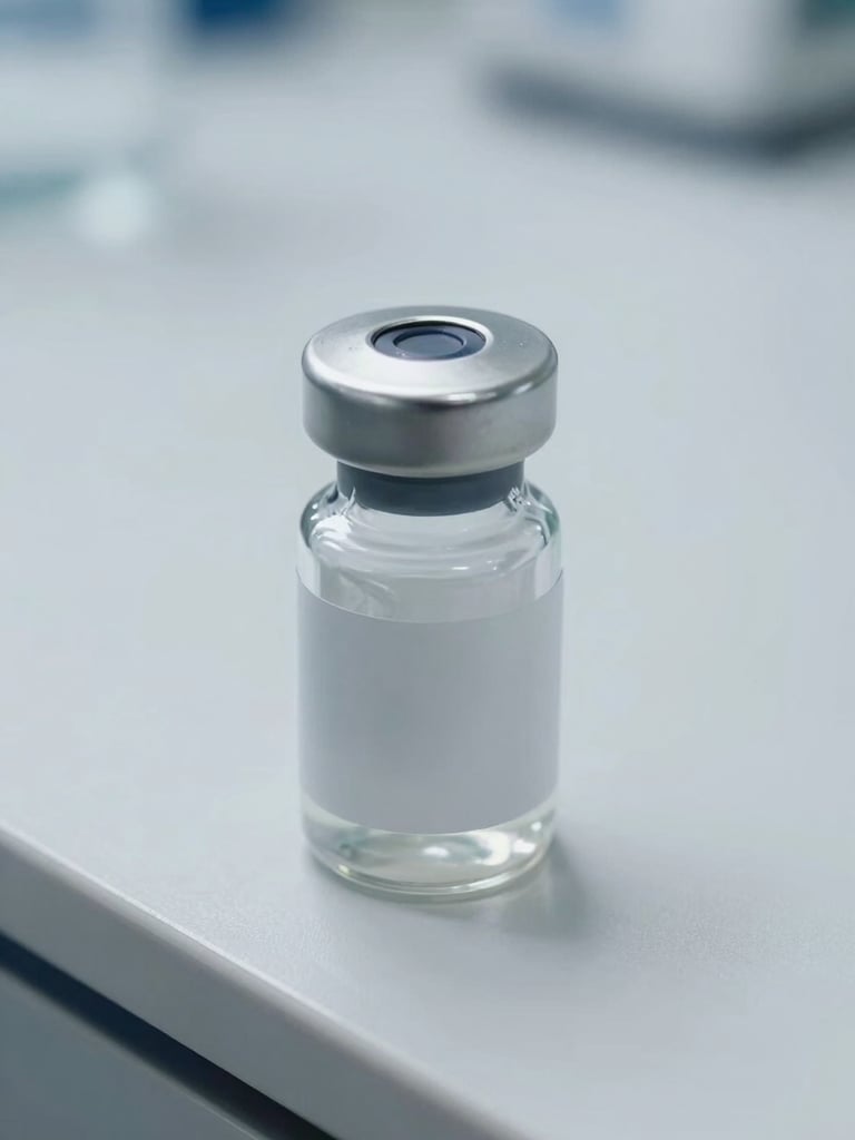 Macro detail of a sterile silver pharmaceutical container on a white laboratory counter, cool diffused daylight, sharp focus on the metallic seal, minimalist composition.