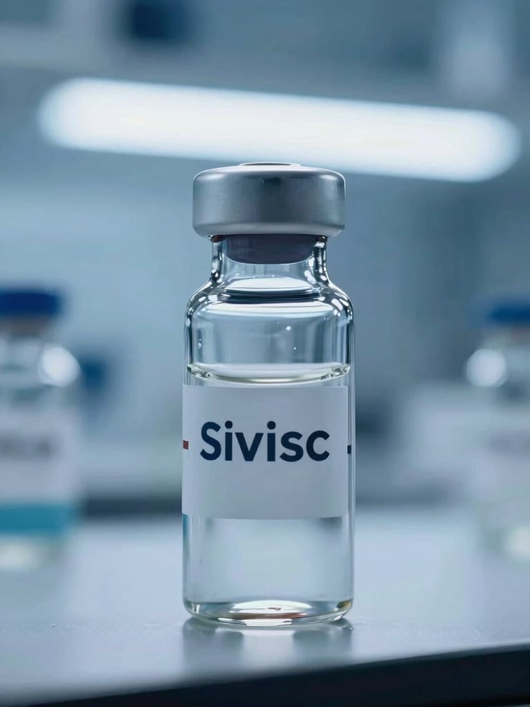 Macro close-up of a sterile pharmaceutical glass vial, clean blue light, Swiss laboratory background, architectural precision.