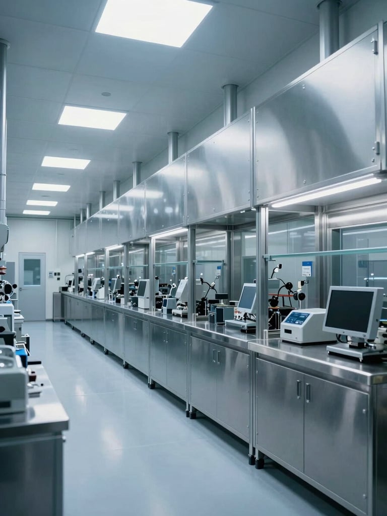 Architectural shot of a modern Swiss clean-room logistics facility, stainless steel surfaces, cool blue clinical lighting, deep depth of field, pristine and highly structured.