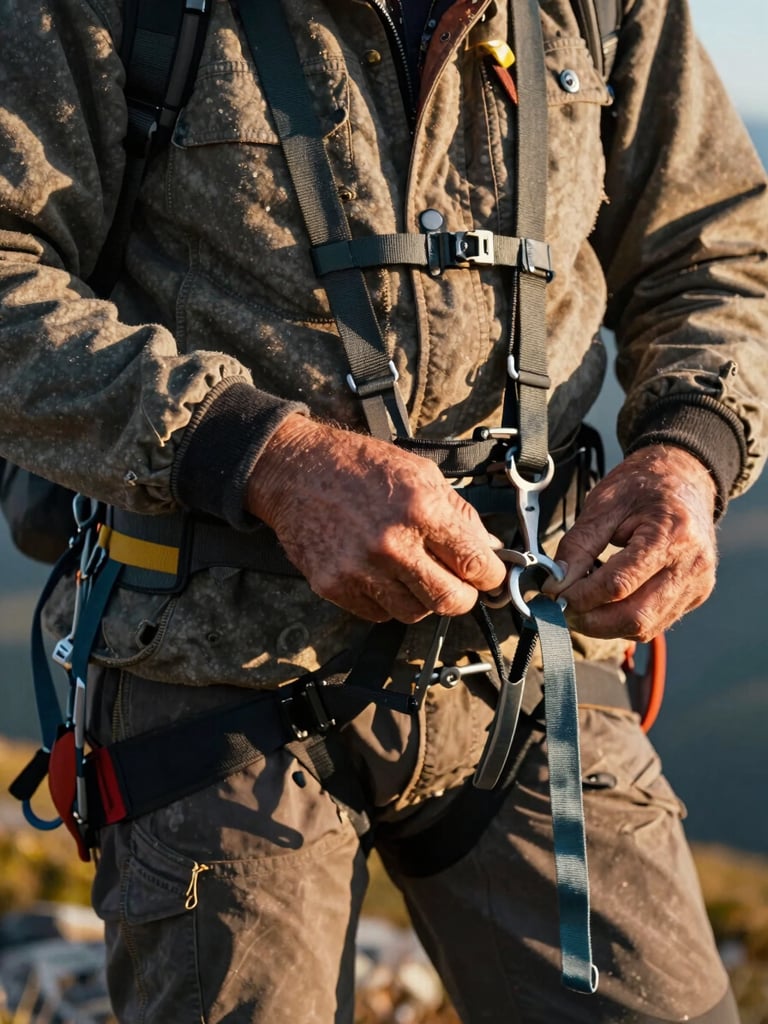 A close-up of a weathered local guide adjusting high-altitude safety gear, warm morning sun casting long shadows, rugged textures of wool and canvas.