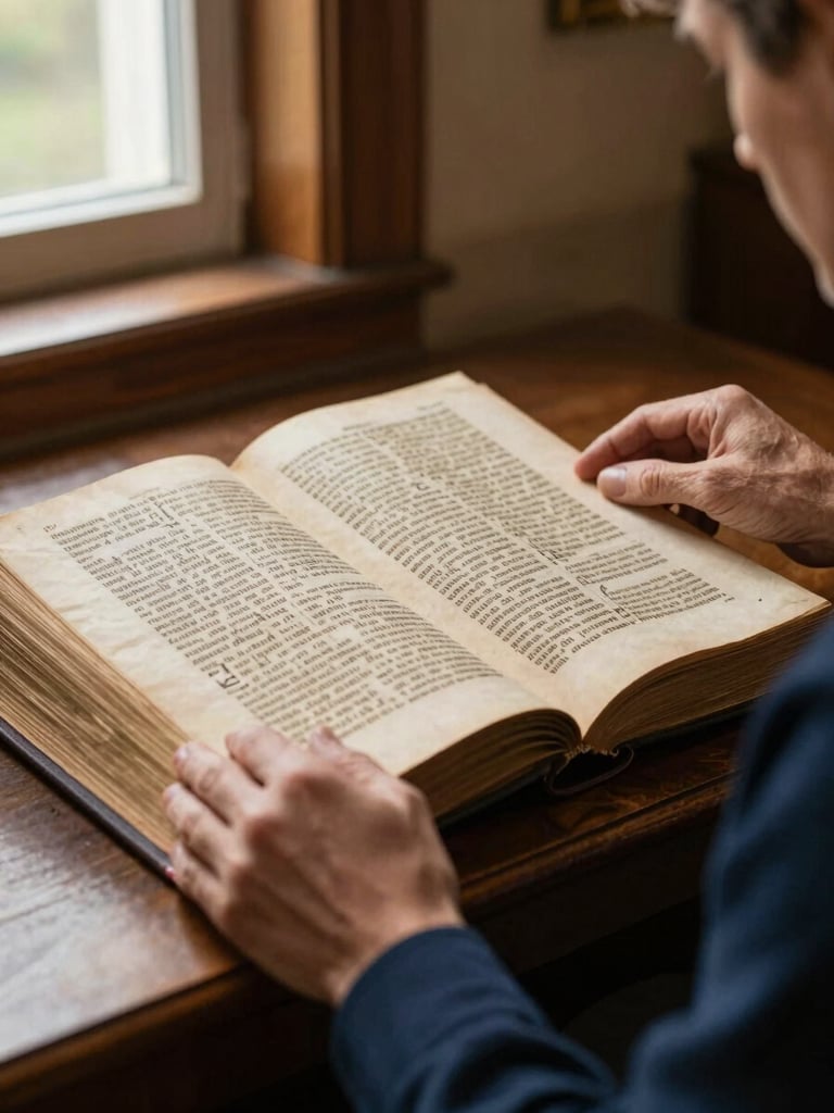 Close-up of a mature student's hands turning the pages of an ancient theological manuscript in a warm, wood-paneled study, soft window light highlighting the text, rich navy and gold tones, shallow depth of field.