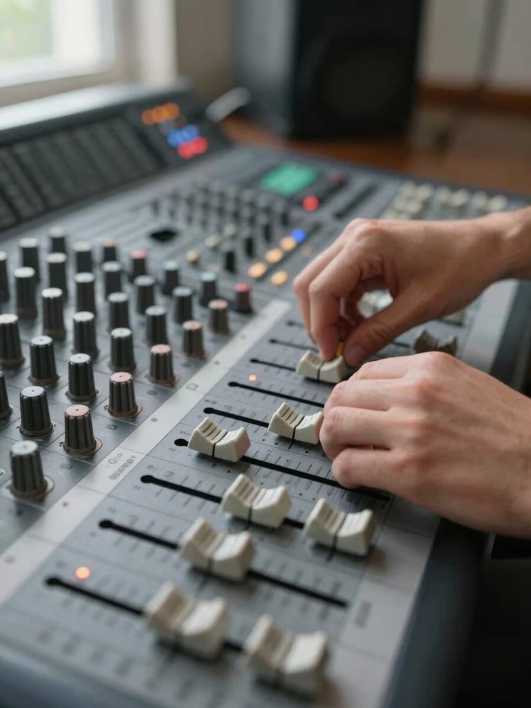 Extreme close-up overhead shot of two hands adjusting faders on a large-format mixing console under tungsten studio lighting, knuckles in sharp focus, the desk surface extending into soft blur, no faces visible, hard northern daylight entering from a high window off to the left