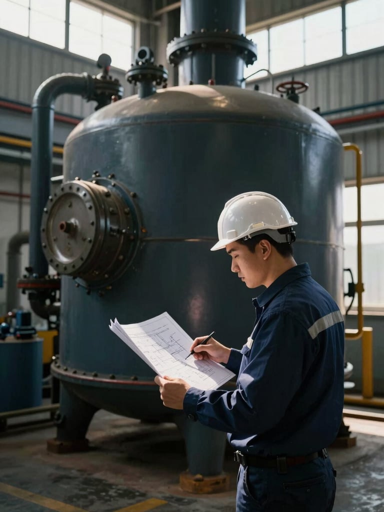 An engineer in a hardhat analyzing technical blueprints next to a modern industrial boiler, dramatic natural light from factory windows, sharp focus, 35mm