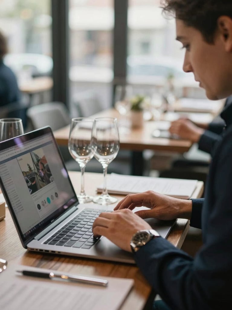 Close-up of an agency team member reviewing footage on a laptop at a restaurant table, empty wine glasses and a menu visible to the side, soft natural window light, mid-afternoon quiet after lunch service