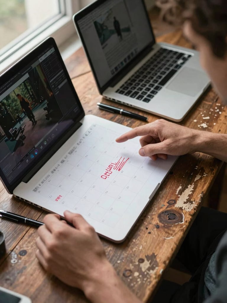 Overhead shot looking down at a worn wooden table, a content calendar marked up in red pen beside a laptop showing raw footage, two sets of hands mid-discussion — one pointing at the screen — under diffused natural window light from the left