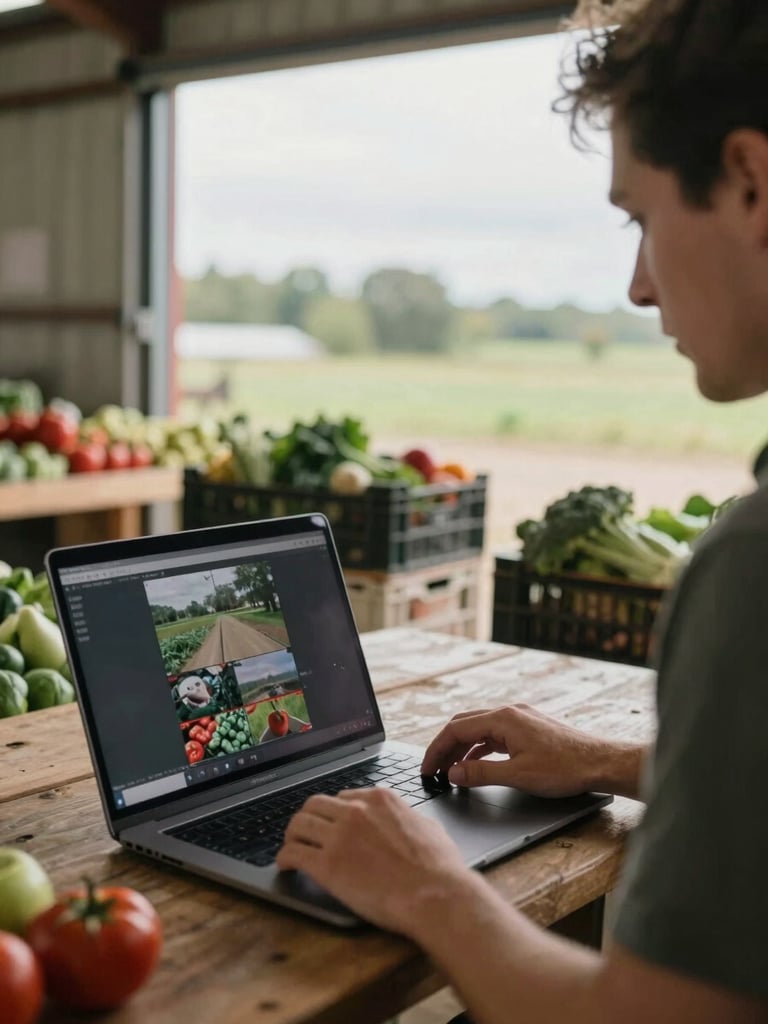Close-up portrait-format shot of a Pomodoro team member reviewing footage on a laptop at a farm stand table, rows of produce crates visible behind them, overcast daylight through an open barn door, natural muted tones