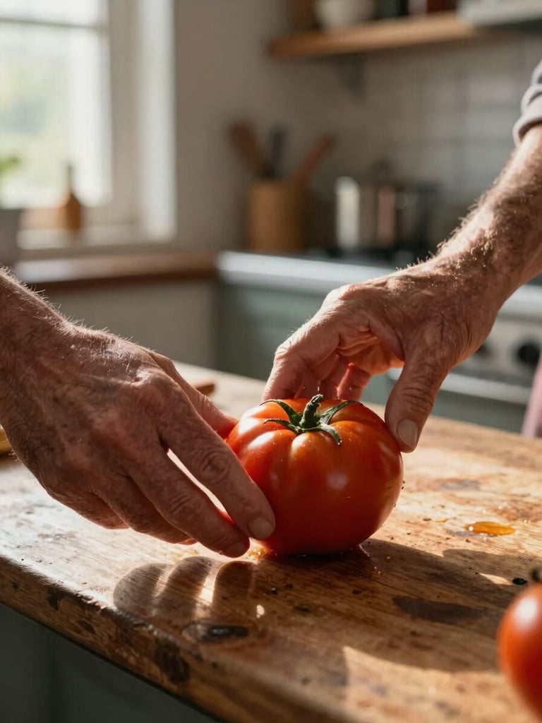Close-up documentary frame: two weathered hands pressing a ripe tomato on a worn wooden prep counter, natural window light from the left, the deep red skin catching golden-hour warmth, background blurred kitchen shelves