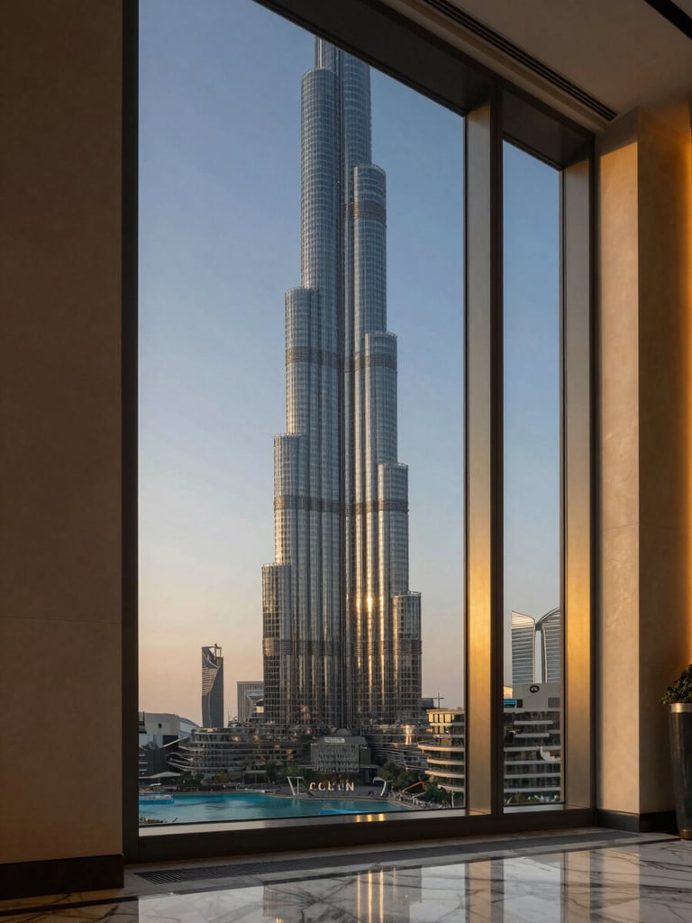 Sleek modern Dubai skyscraper framed through a luxury interior window, soft golden hour light reflecting on marble floors, editorial architectural photography.
