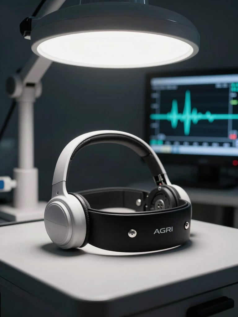Studio-lit AGRI EEG headset device resting on a clinical monitoring station, stark cool overhead lighting revealing electrode precision, dark background with a faint teal glow from an adjacent screen displaying live waveform data, no people visible