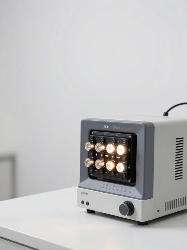 Studio-lit AGRI EEG device unit on a clean white clinical surface, right-edge composition with generous white space to the left, controlled strobe lighting highlighting precision electrode array connectors and monitor interface, stark medical-grade aesthetic, no people visible