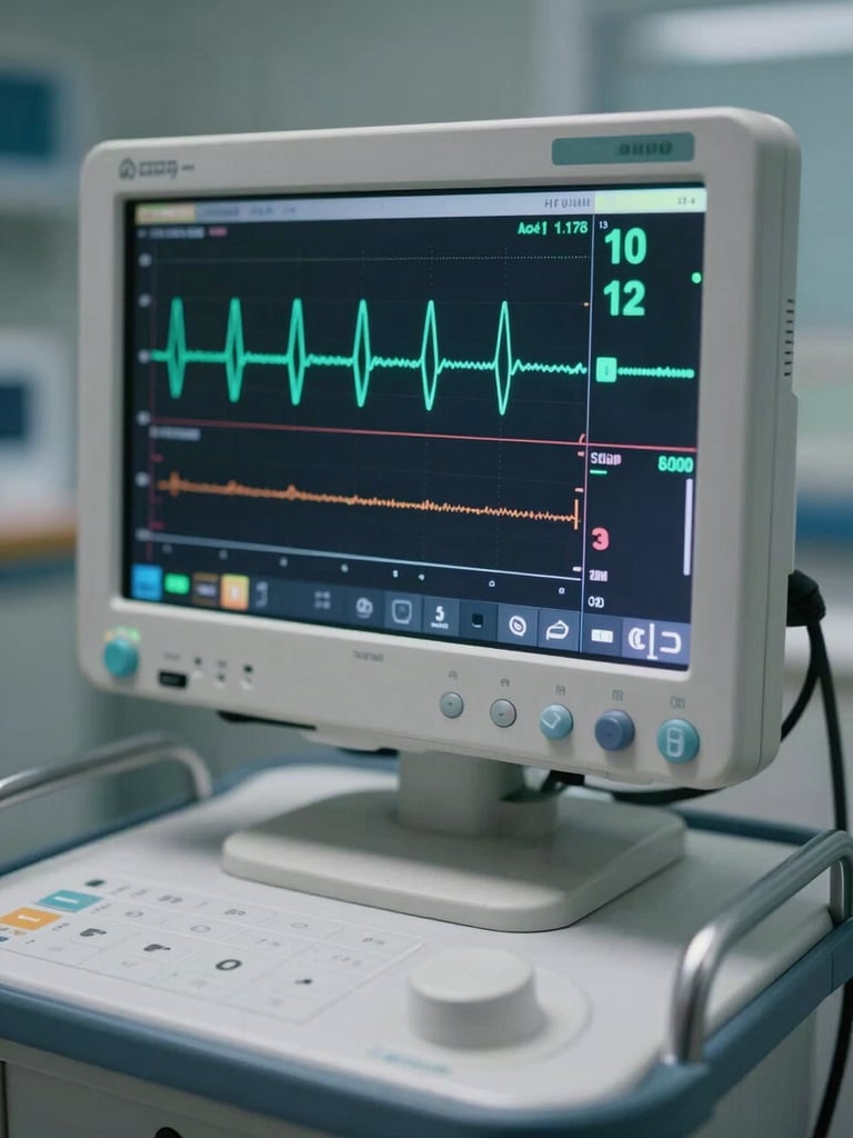 Close-up of a clinical monitor screen showing a live EEG waveform readout with a bold numerical index score displayed in teal on a dark interface, positioned on a hospital monitoring cart, cool clinical lighting, no people present