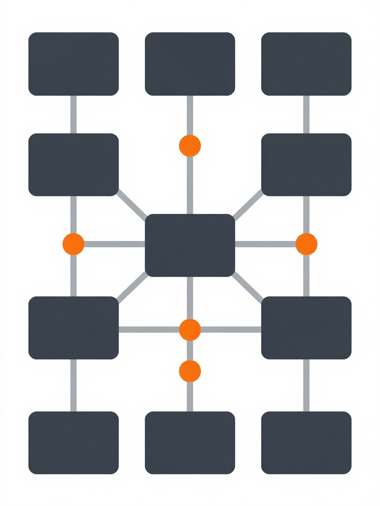 Flat orthographic vector diagram of interconnected nodes representing a technical squad, slate and safety orange accents, sharp lines, clean white background
