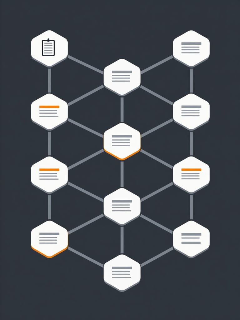 Flat isometric technical diagram of structured professional milestones, interconnected nodes representing skill mastery, slate and safety orange accents
