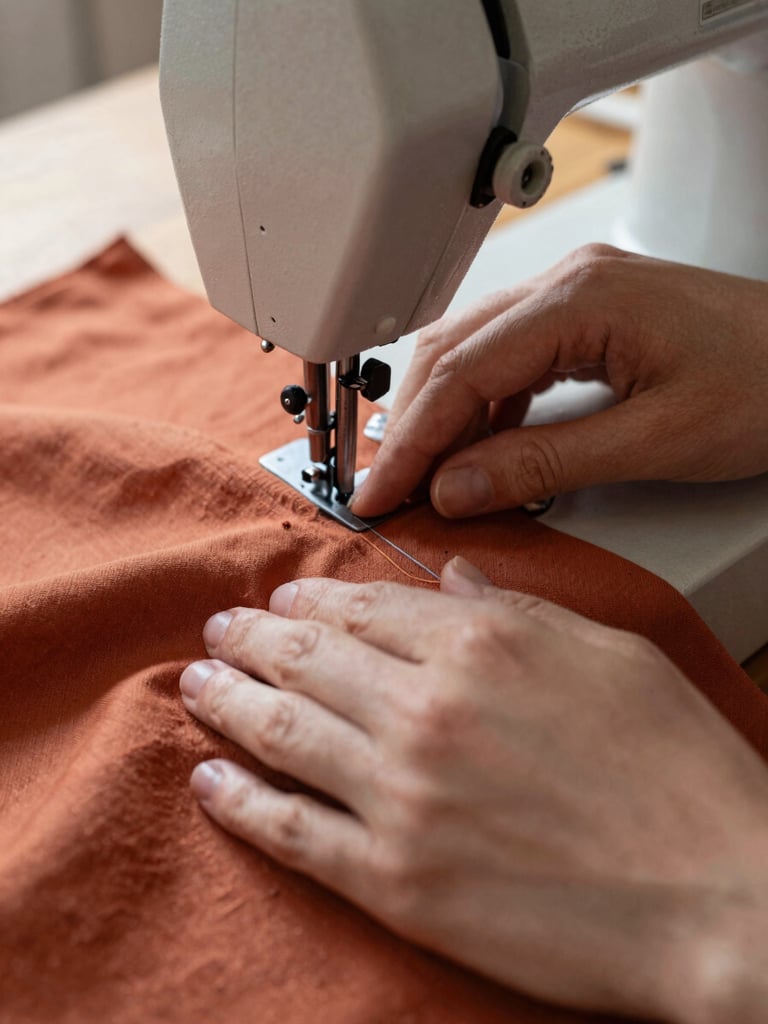Close-up of hands carefully guiding a terracotta cotton fabric through a vintage sewing machine, warm natural daylight, shallow depth of field, focus on the clean stitching