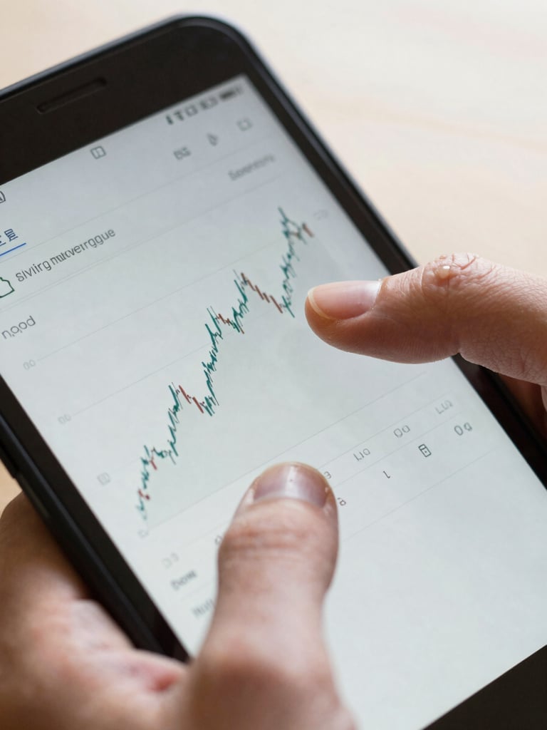 Close-up of two thumbs navigating a financial chart on an Android screen, interface mid-scroll, bright even north-facing daylight, tight crop showing only hands and screen glass
