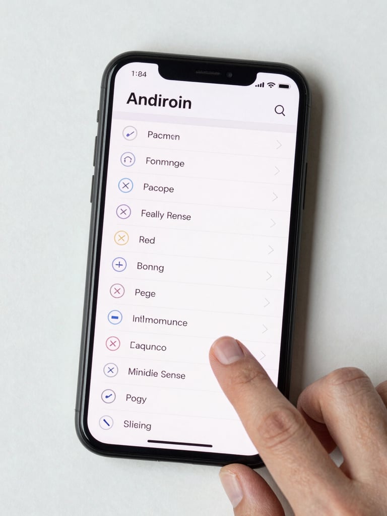 Overhead tight crop of an Android phone on a white surface, a task-list interface fully loaded on screen, finger resting just off-screen, bright even studio lighting, no shadows