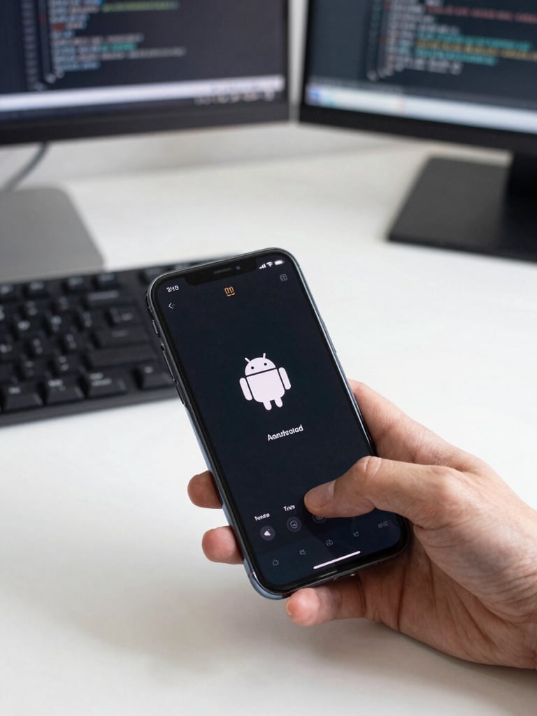 Overhead close-up of a developer's desk — a single Android phone showing a dark-themed app mid-load, finger resting at the edge of the screen, a mechanical keyboard and faint code on a monitor in the background, bright even studio lighting, tight crop with generous negative space to the right
