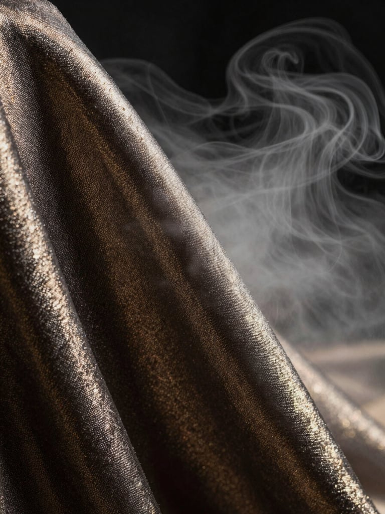 Extreme close-up macro shot of a surreal, high-fashion metallic fabric texture under sharp rim lighting, volumetric fog, pitch-black background, cinematic synthetic still.