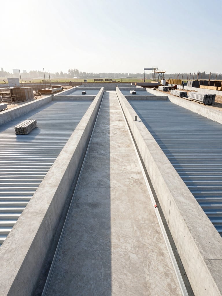 High-angle shot of a modern concrete and steel construction site under bright morning sun, clean lines, organized materials