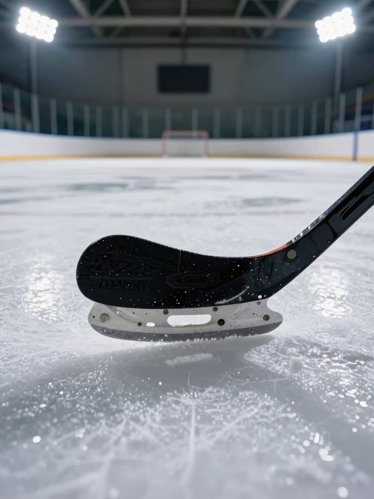 Close wide-angle shot of ice hockey skate blades and stick tape on fresh ice surface under arena floodlights, industrial overhead lighting casting sharp shadows, no faces visible, mechanical precision of equipment in foreground