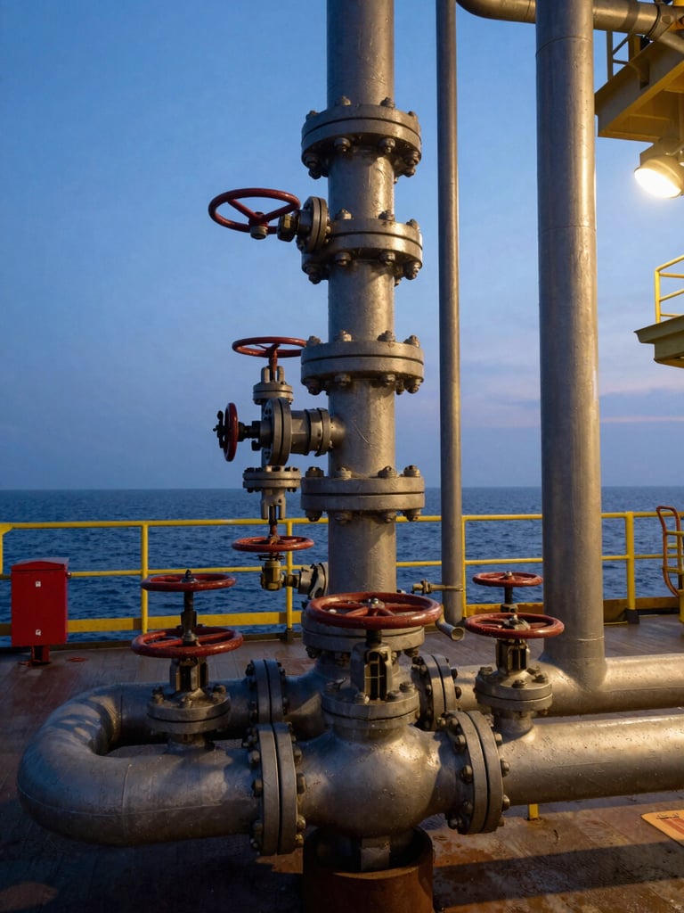 Ground-level view of an offshore platform deck at dusk, heavy industrial pipework and pressure valves in sharp foreground detail, open sea horizon in the background, cool industrial lighting