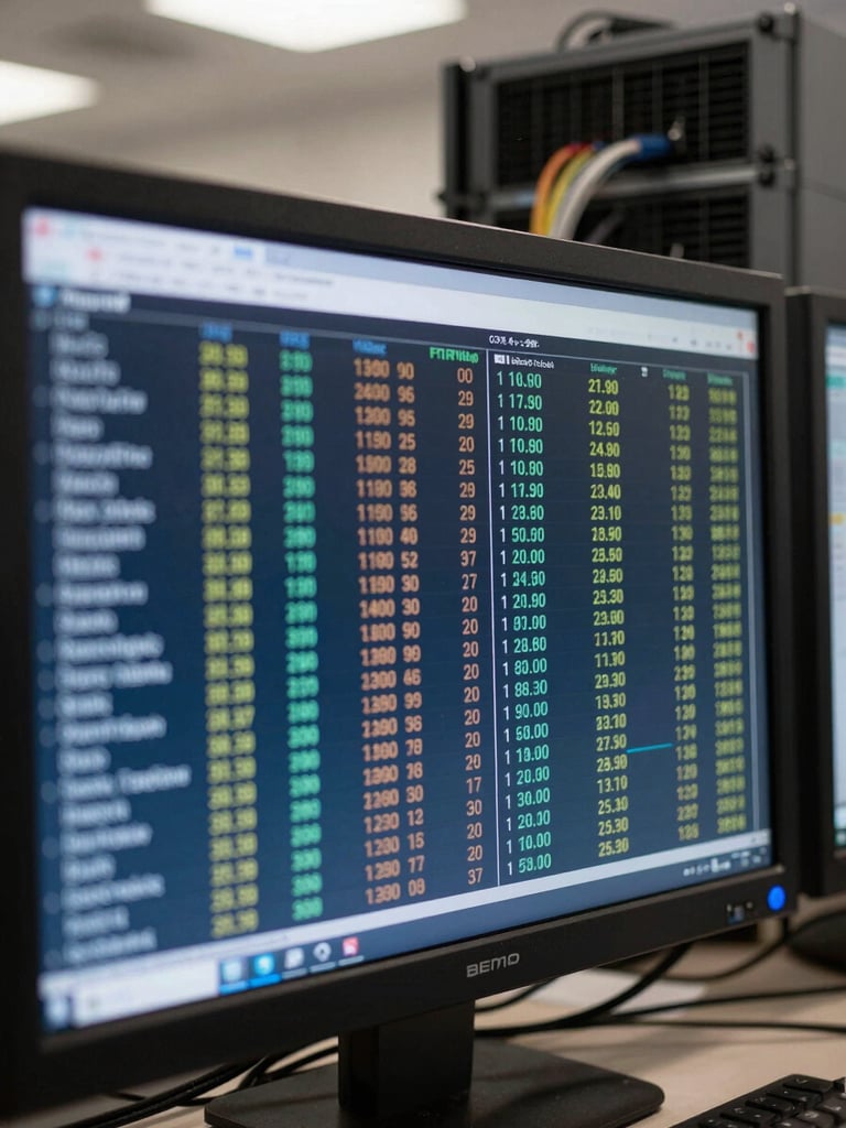 Close-up of a trading floor data terminal showing rows of transaction figures on a dark screen, cables and server rack visible in the soft background, cool blue-white ambient lighting