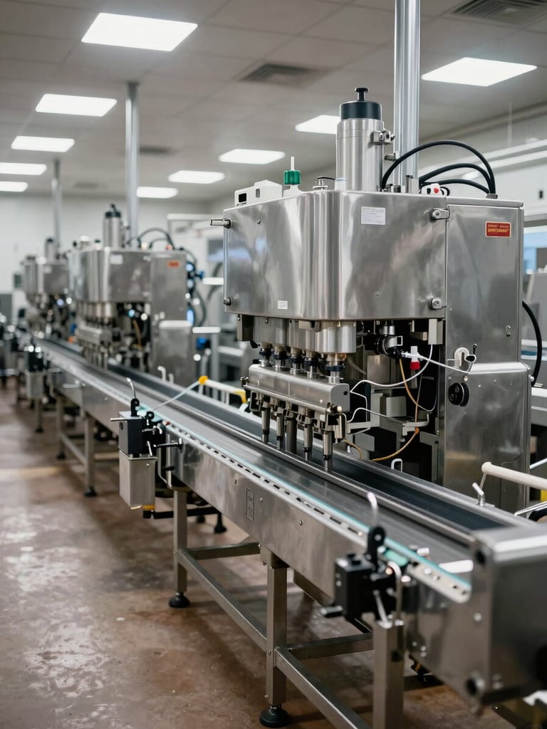 Wide shot of a large food manufacturing production line, stainless steel conveyors and filling equipment under bright industrial overhead lighting, clean floor and precision machinery in sharp focus