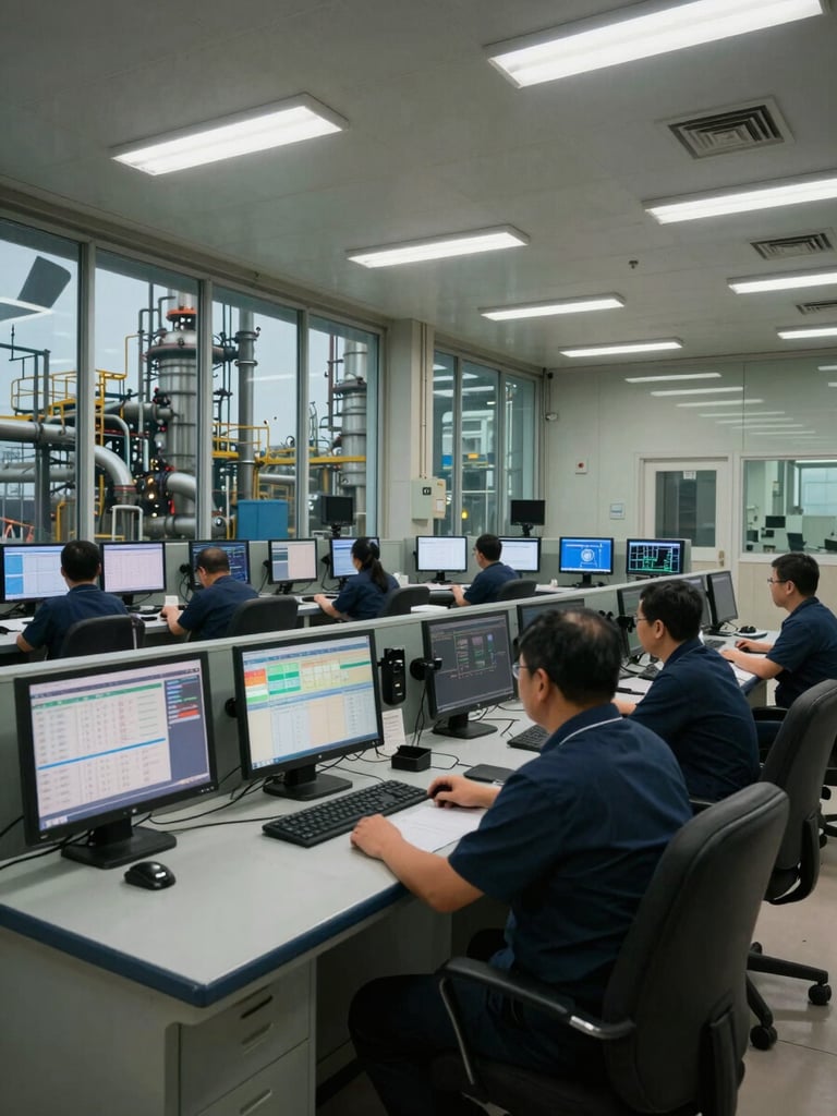 Wide-angle view from inside an oil refinery control room, banks of monitors displaying process data under cool fluorescent light, operator workstations in the foreground, industrial pipes visible through the glass panel beyond