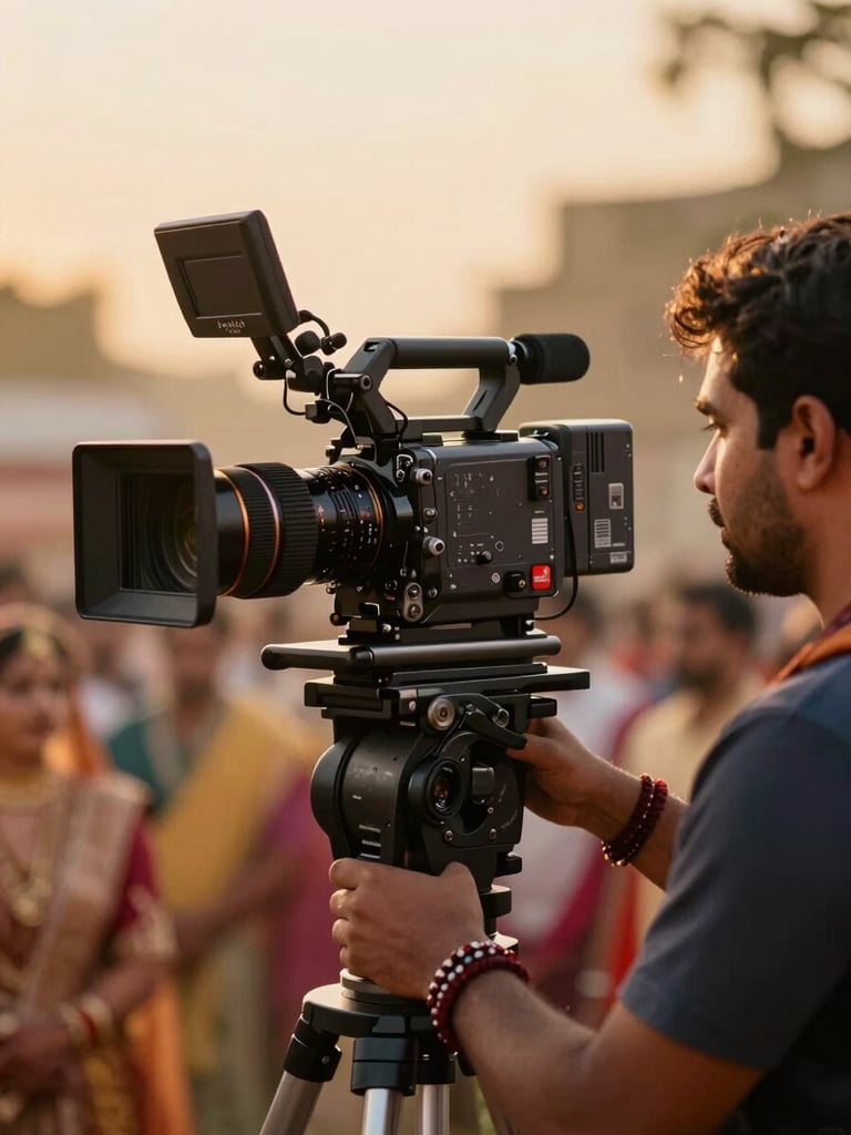 A professional cinematographer behind a high-end cinema camera, capturing a golden hour Indian wedding ceremony, warm dramatic backlight, soft focus background