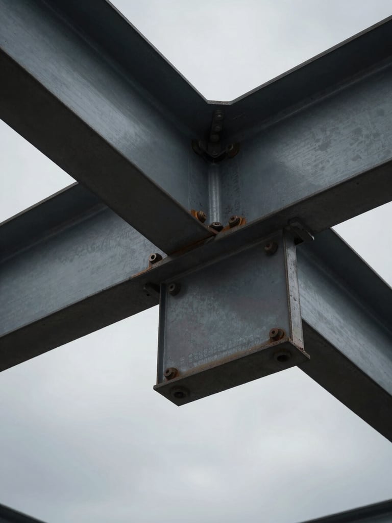 Close-up of structural steel beams bolted together, overcast grey sky background, high contrast, industrial texture.