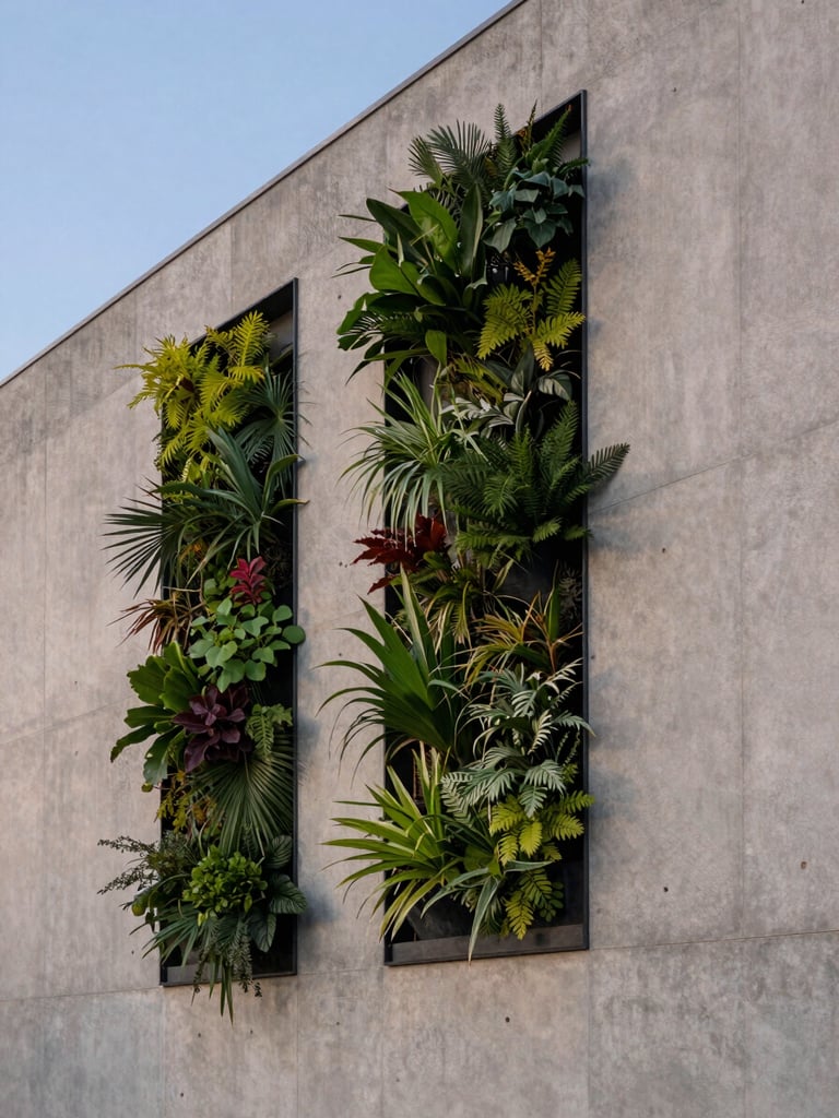 Architectural view of a modern concrete wall with a perfectly installed vertical garden, clean geometric lines, twilight lighting.