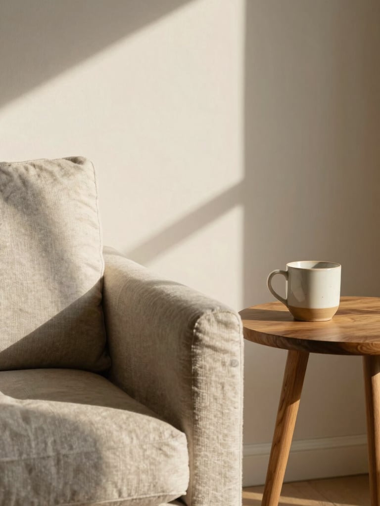 A sun-drenched interior corner showing a linen armchair, soft shadows on a cream wall, and a warm wooden side table with a ceramic mug.