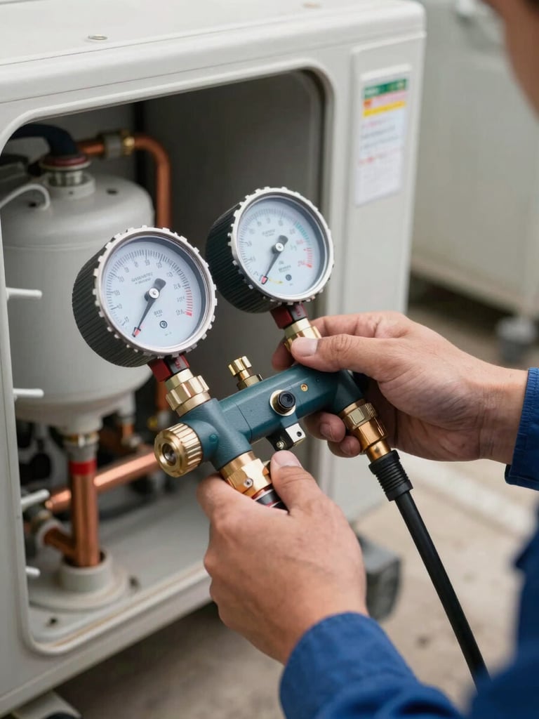 Technician hands holding a refrigerant manifold gauge set connected to copper service ports on a condensing unit, job-site natural light, refrigerant lines and fittings in sharp focus, equipment housing blurred in background