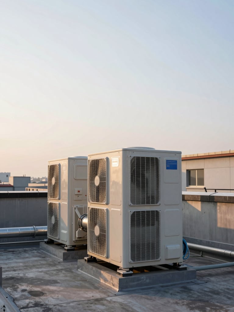 Wide shot of a commercial rooftop HVAC condensing unit against a pale early-morning sky, ductwork and conduit running along the parapet wall, natural flat light, no people visible