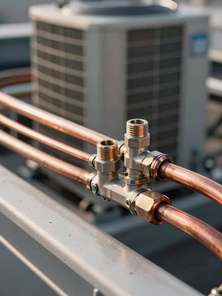Close-up of copper refrigerant lines and fittings at a commercial rooftop unit, natural afternoon light, shallow depth of field, gunmetal grey condenser fins visible in background