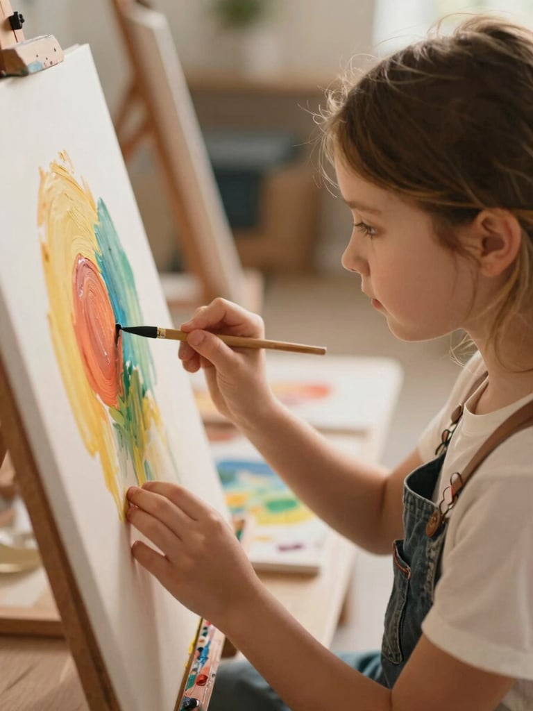 A young girl painting on a canvas during an art therapy session, soft natural daylight, shallow depth of field, warm focus on her hands and the vibrant colors, candid editorial style.