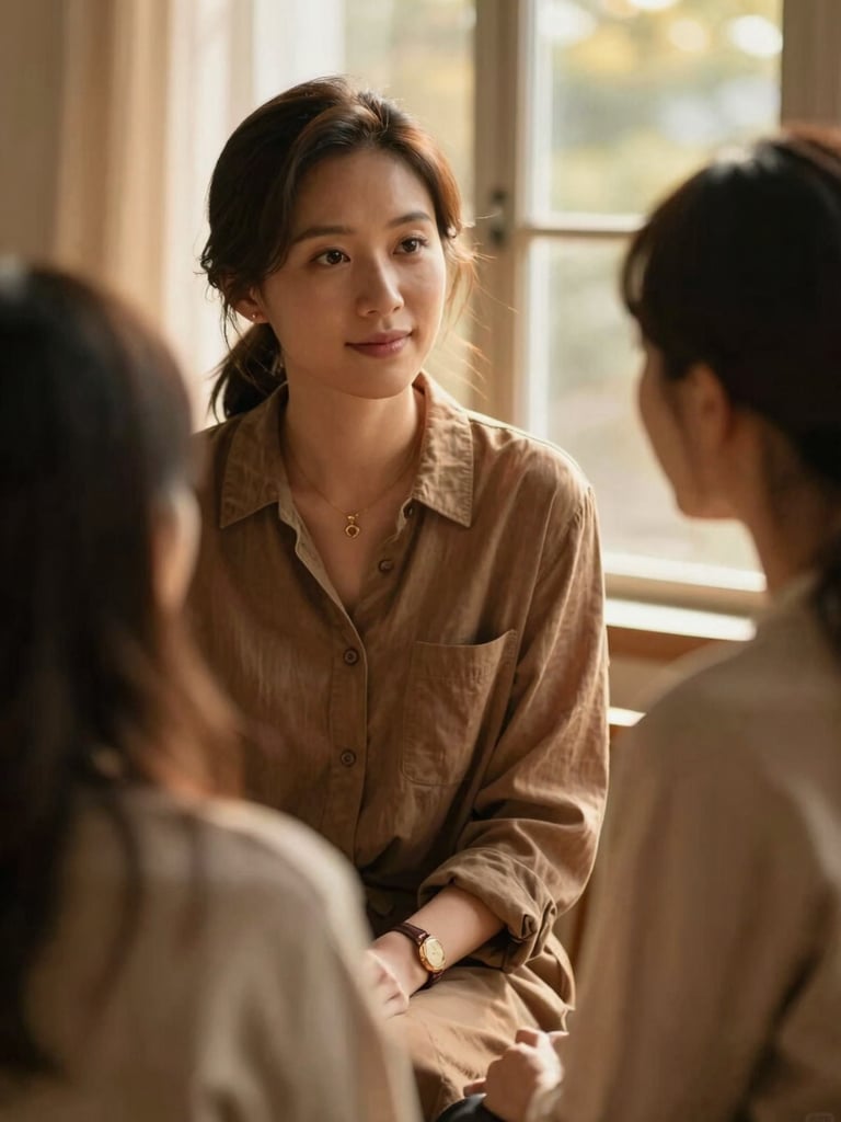 Warm editorial portrait of a female mentor listening intently to a young woman, soft golden-hour light filtering through a window, earthy tones, shallow depth of field, 35mm.