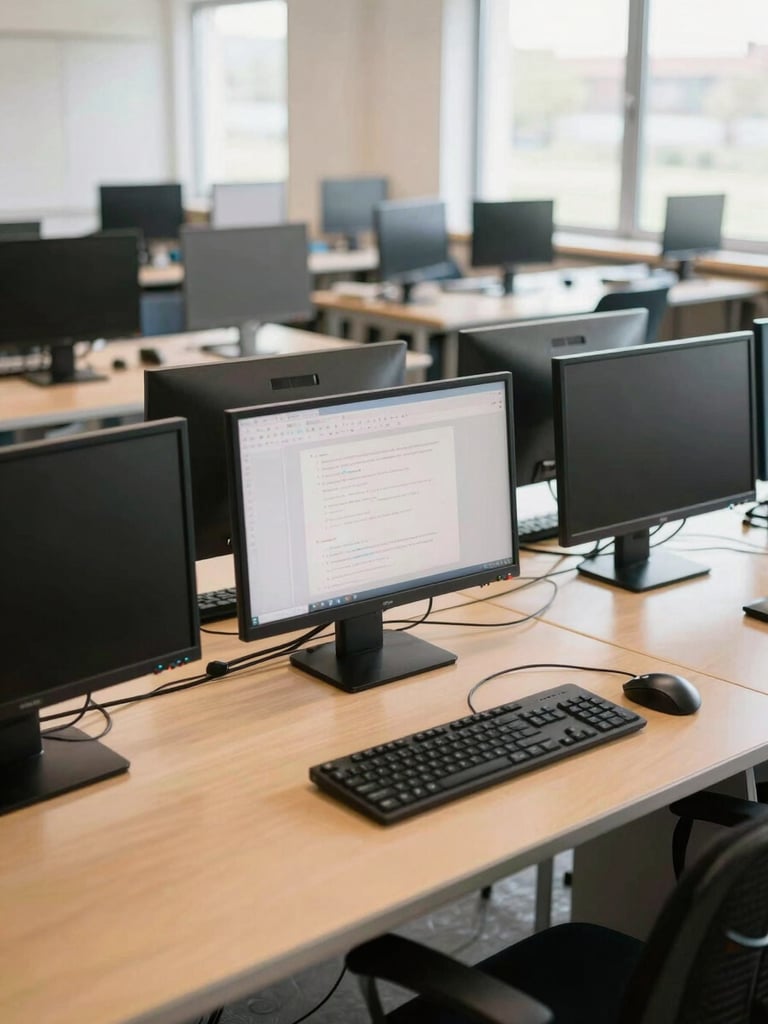 A wide shot of a modern clean computer lab with rows of monitors, bright natural light streaming through large windows, empty desks ready for the next class