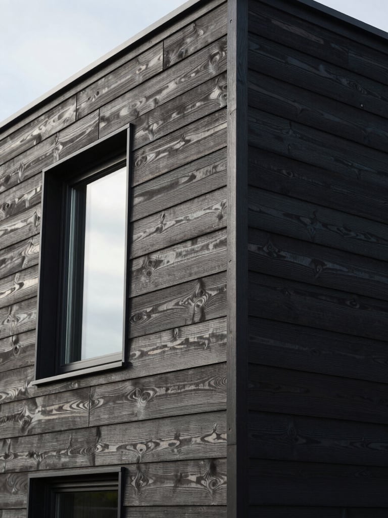 Close-up architectural detail of a contemporary UK house extension facade, board-on-board dark timber cladding with slim aluminium window frame catching diffuse overcast daylight, precise shadow lines at panel joints, no people, wide environmental framing showing the full wall elevation