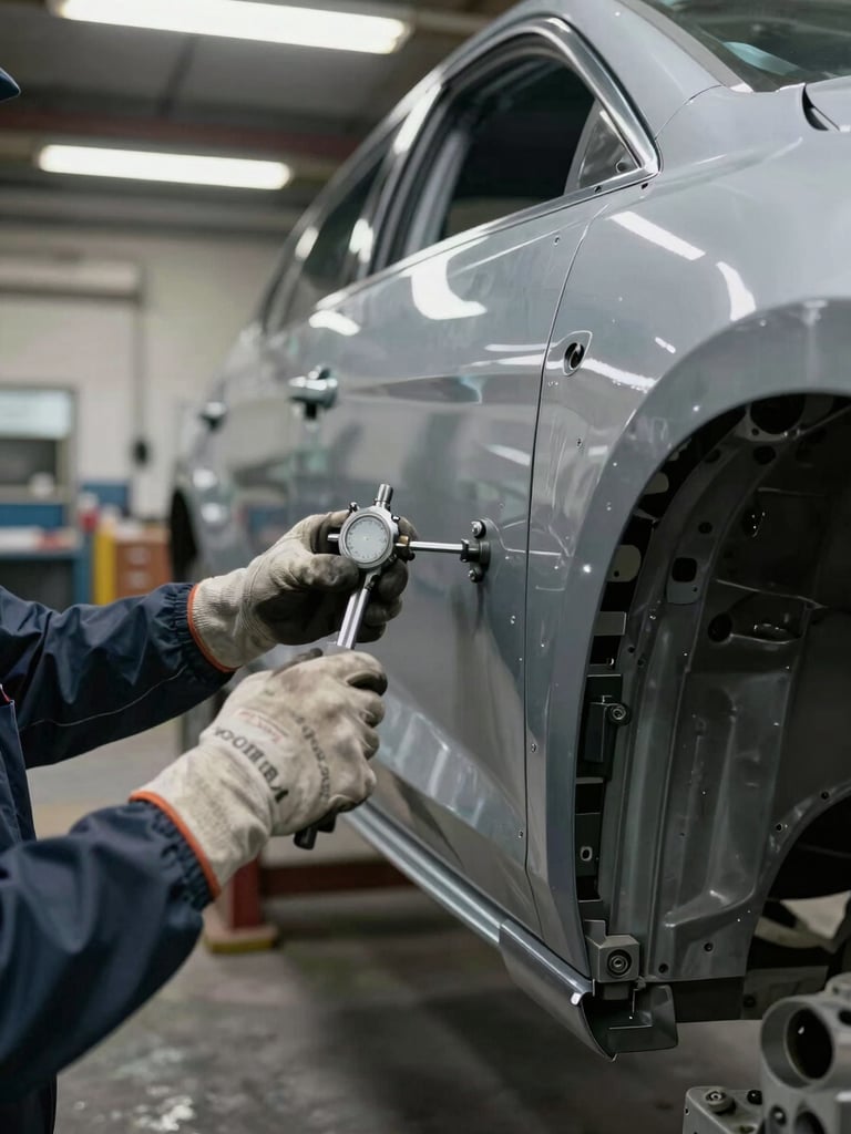 Close-up environmental shot inside an auto collision bay, a car body panel mid-repair on the right, a technician's gloved hands measuring alignment points with a precision gauge, overhead fluorescent shop lighting, dark concrete floor visible below, facility depth visible in background