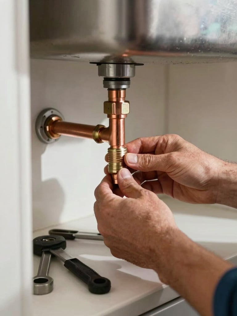Close-up wide shot of a worker's hands tightening a copper pipe fitting beneath a kitchen sink, natural daylight from a nearby window casting soft shadows, tools laid neatly on the cabinet floor beside him, focus on the precision of the work