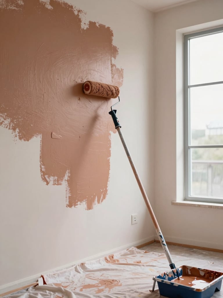 Wide environmental shot of a room being painted, roller in motion on a wall leaving a fresh clay-toned coat, drop cloth on the floor, natural light from a large window on the right side of the frame, paint tray visible in the foreground